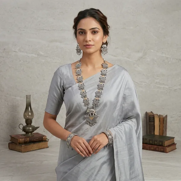 Silver_Elephant_Motif_Temple_Jewellery_Necklace_Set_With_Earrings