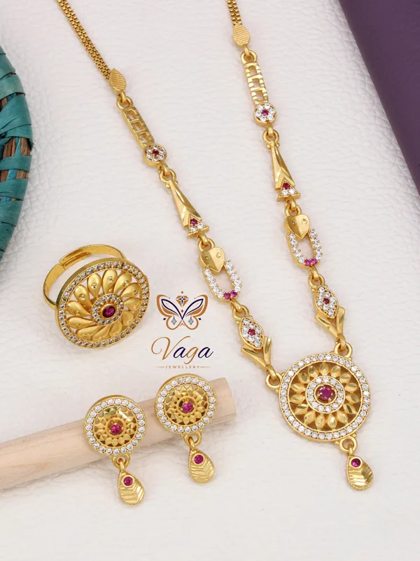 Micro_High_Gold_Plated_&_Diamond_Studded_Embellished_18_inch_Forming_Necklace_Set_with_Matching_Earrings_And_Adjustable_Finger_ring_For_Woman