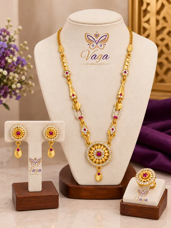 Micro_High_Gold_Plated_&_Diamond_Studded_Embellished_18_inch_Forming_Necklace_Set_with_Matching_Earrings_And_Adjustable_Finger_ring_For_Woman