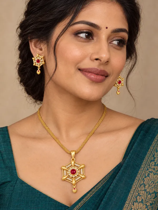 Micro_High_Gold_Plated_&_Diamond_Studded_Forming_Pendent_Chain_Set_with_Matching_Earrings_For_Woman