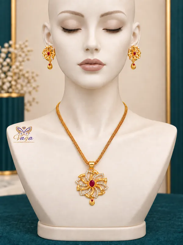 Micro_High_Gold_Plated_&_Diamond_Studded_Forming_Pendent_Chain_Set_with_Matching_Earrings_For_Woman