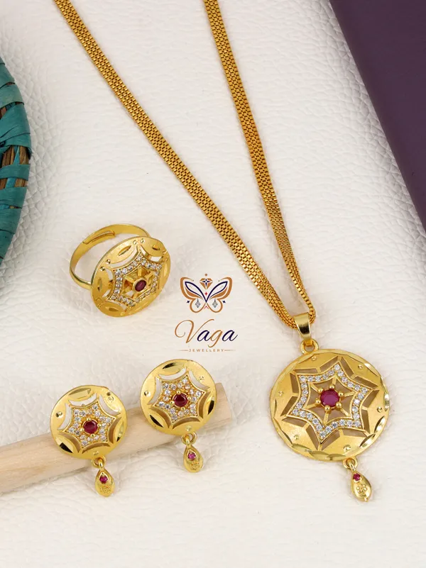 Micro_High_Gold_Plated_&_Diamond_Studded_Forming_Pendent_Chain_Set_with_Matching_Earrings__And_Adjustable_Finger_ring_For_Woman