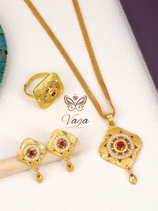 Micro_High_Gold_Plated_&_Diamond_Studded_Forming_Pendent_Chain_Set_with_Matching_Earrings__And_Adjustable_Finger_ring_For_Woman