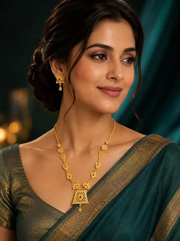 Gold_Plated_Bell_Pendant_Necklace_Set_With_Earrings