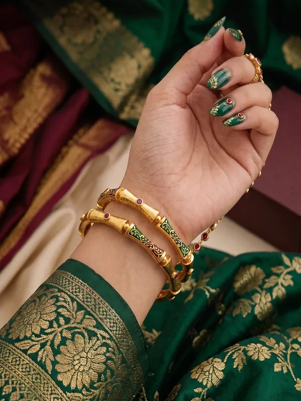 Gold_Plated_Green_Enamel_Bamboo_Design_Bangles_For_Women