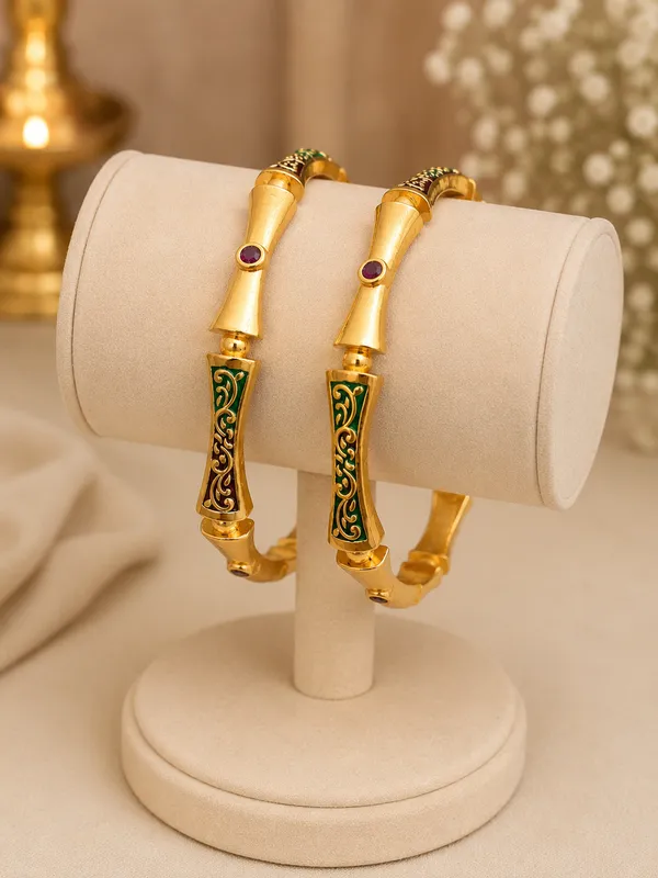 Gold_Plated_Green_Enamel_Bamboo_Design_Bangles_For_Women