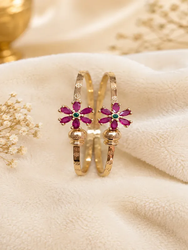 Gold_Plated_Floral_Ruby_Stone_Bracelet_Set
