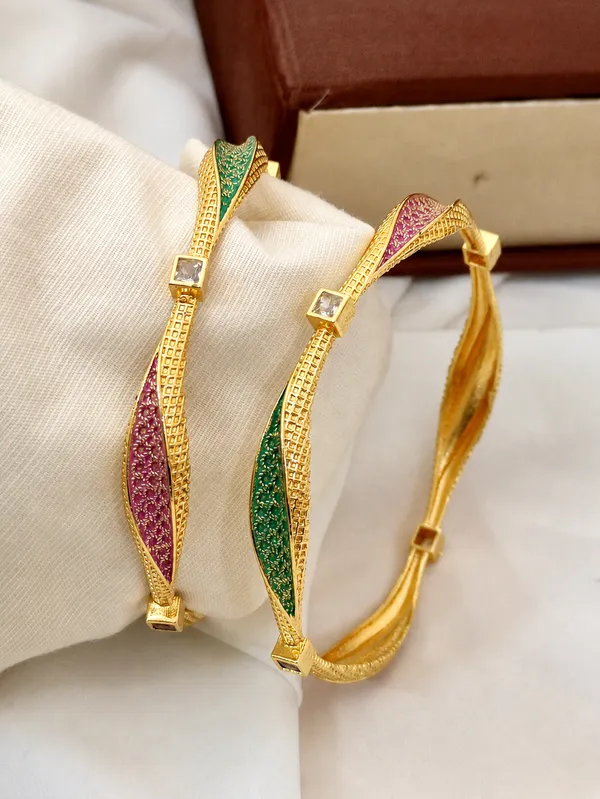 Gold-Plated_Pink_And_Green_Stone_Studded_Bangle_Set_For_Women