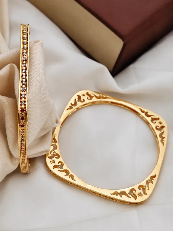 Gold-Plated_Textured_Square_Bangles_Set_Of_2