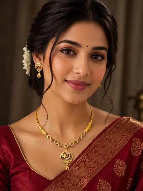 Golden_Peacock_Motif_Necklace_Set_With_Matching_Earrings
