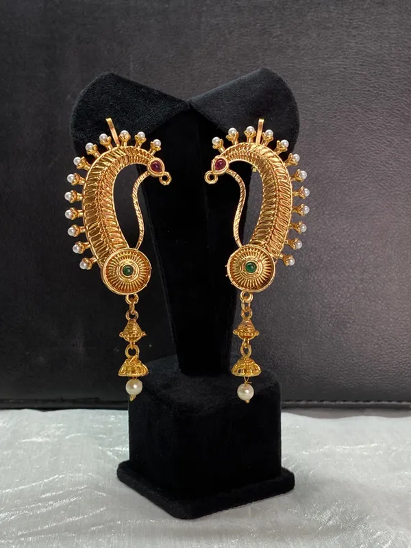 Gold_Plated_Peacock_Design_Ear_Cuffs_With_Ruby_And_Emerald_Stones