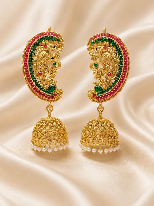 Gold_Plated_Peacock_Jhumka_Earrings_Ear_Cuffs_With_Multicolor_Stones