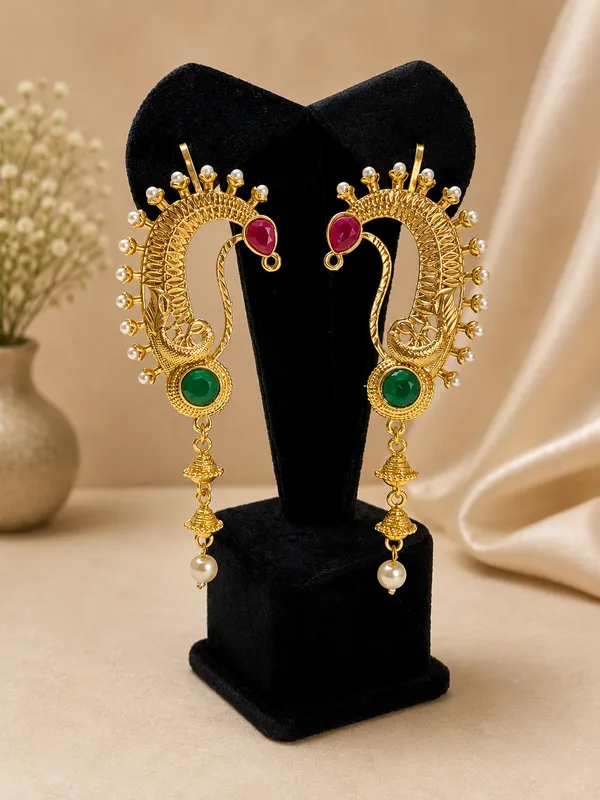 Gold_Plated_Peacock_Design_Earrings_With_Green_And_Pink_Stones