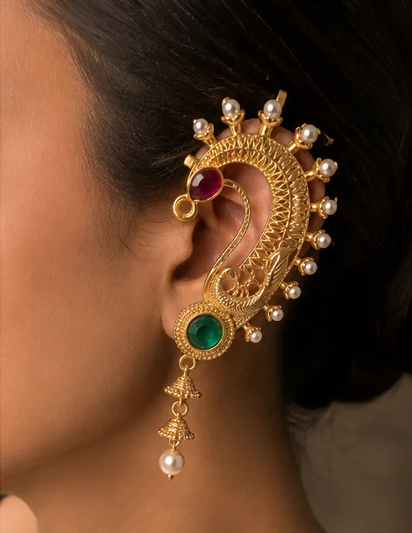 Gold_Plated_Peacock_Design_Earrings_With_Green_And_Pink_Stones