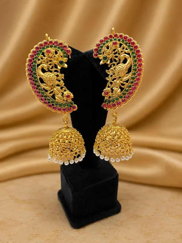 Gold_Tone_Peacock_Jhumka_Earrings_Ear_Cuffs_With_Multicolor_Stones