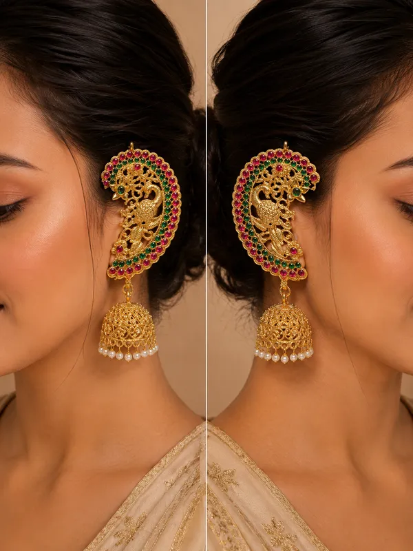 Gold_Tone_Peacock_Jhumka_Earrings_Ear_Cuffs_With_Multicolor_Stones