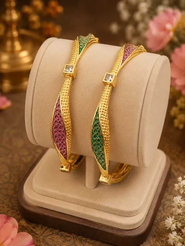 Gold-Plated_Pink_And_Green_Stone_Studded_Bangle_Set_For_Women