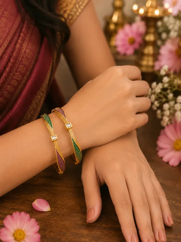 Gold-Plated_Pink_And_Green_Stone_Studded_Bangle_Set_For_Women