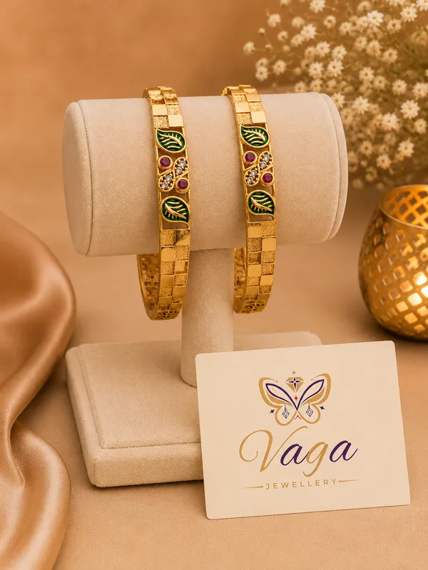 Gold_Plated_Green_Enamel_Leaf_Design_Bangles_For_Women