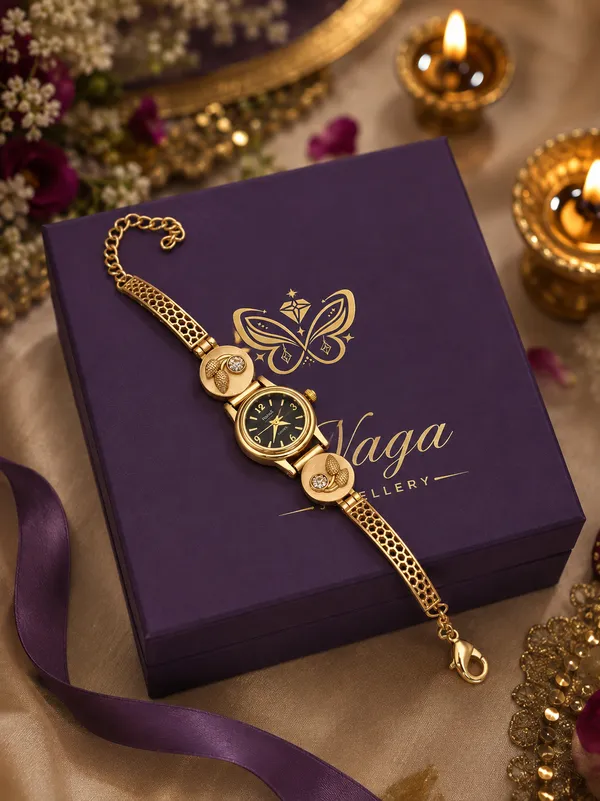 Vaga_Antique_High_Gold_Plated_AD_Embedded_Floral_Charm_Bracelet_Watch_with_Honeycomb_Band_&_Black_Dial