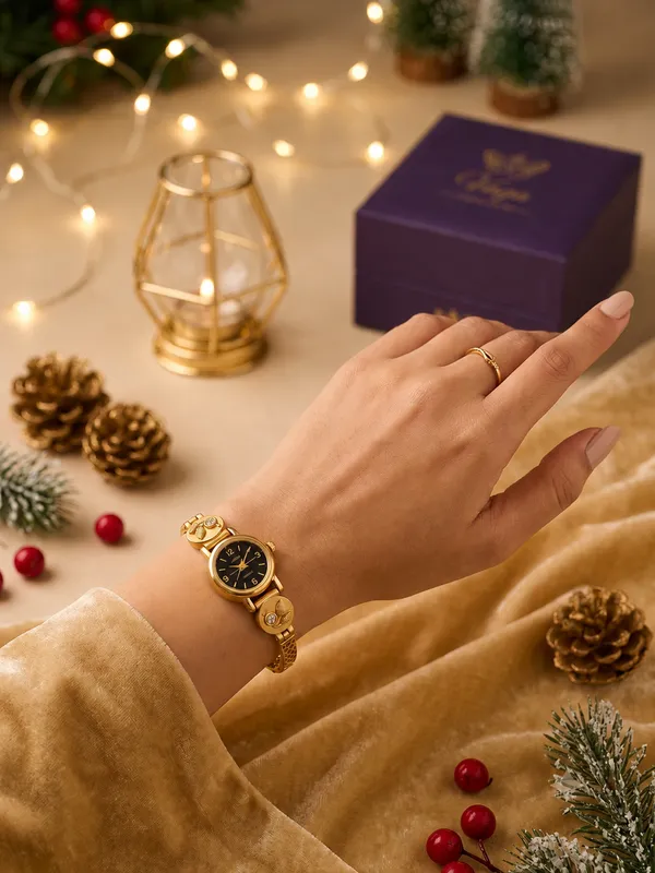 Vaga_Antique_High_Gold_Plated_AD_Embedded_Floral_Charm_Bracelet_Watch_with_Honeycomb_Band_&_Black_Dial
