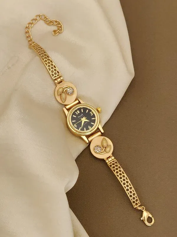 Vaga_Antique_High_Gold_Plated_AD_Embedded_Floral_Charm_Bracelet_Watch_with_Honeycomb_Band_&_Black_Dial
