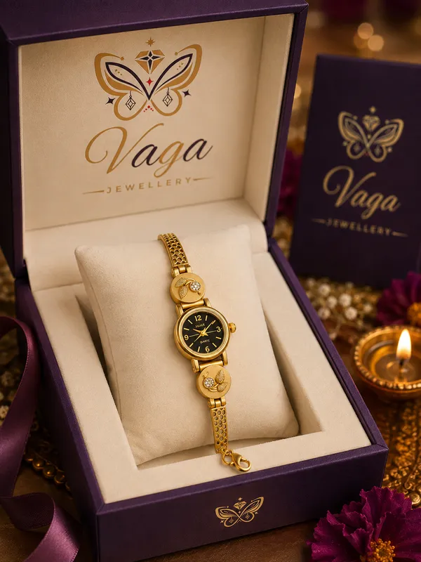 Vaga_Antique_High_Gold_Plated_AD_Embedded_Floral_Charm_Bracelet_Watch_with_Honeycomb_Band_&_Black_Dial