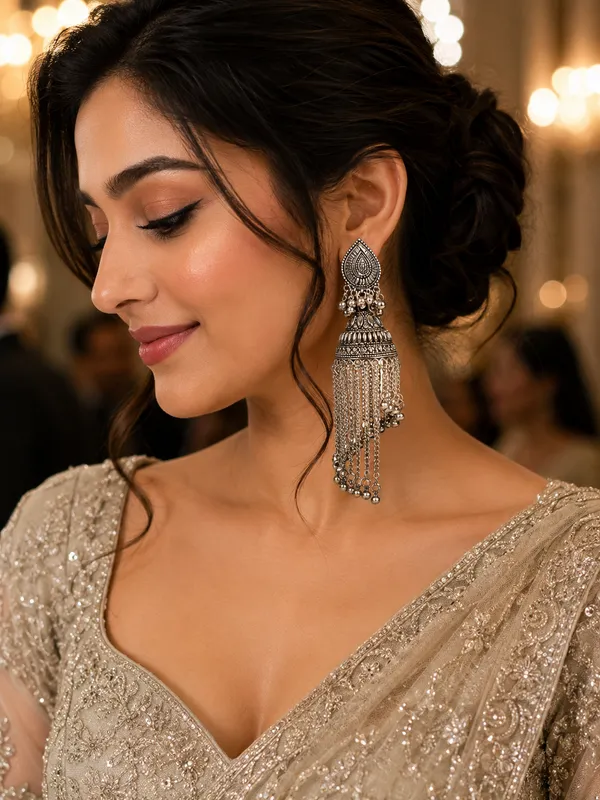 Silver_Oxidized_Jhumka_Earrings_With_Chain_Tassels