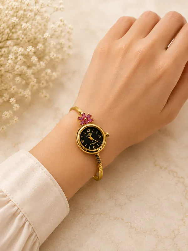 Gold_Plated_Round_Dial_Pink_Floral_Accent_Watch_Bracelet_For_Women