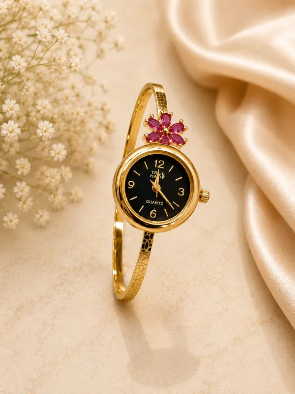 Gold_Plated_Round_Dial_Pink_Floral_Accent_Watch_Bracelet_For_Women