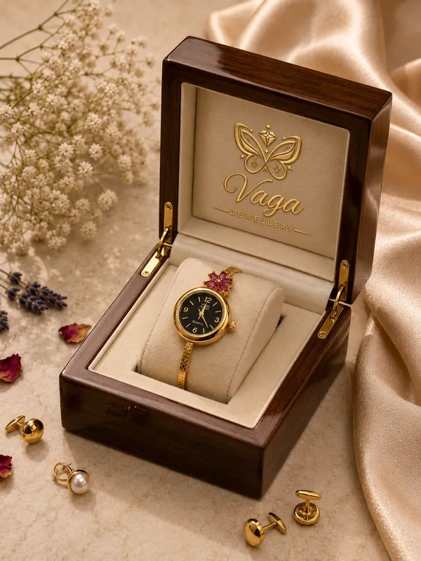 Gold_Plated_Round_Dial_Pink_Floral_Accent_Watch_Bracelet_For_Women