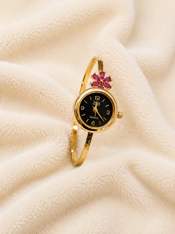 Gold_Plated_Round_Dial_Pink_Floral_Accent_Watch_Bracelet_For_Women