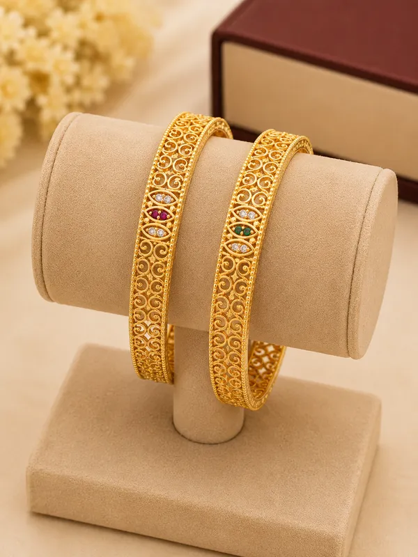 Gold_Plated_Filigree_Bangle_Set_With_Multicolor_Stones
