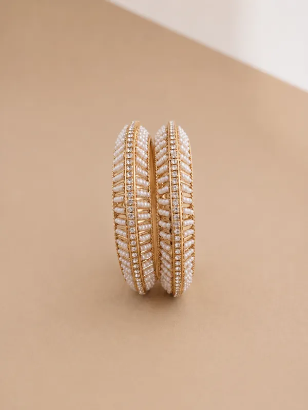 White_Pearl_Embellished_Gold_Tone_Bangle_Set_For_Women
