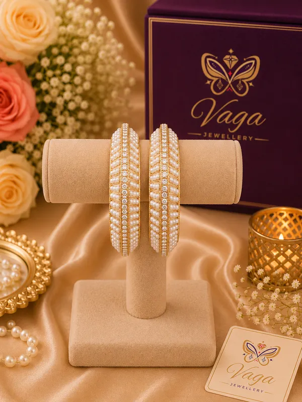 White_Pearl_Embellished_Gold_Tone_Bangle_Set_For_Women