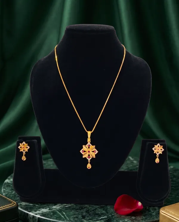 Gold_Plated_Pink_Stone_Floral_Pendant_Set_With_Chain_And_Earrings
