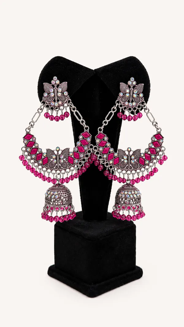 Silver_Oxidised_Pink_Beaded_Jhumka_Earrings_For_Women
