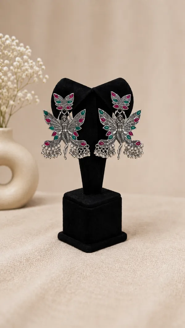 Silver_Oxidized_Peacock_Jhumka_Earrings_With_Pink_And_Green_Stones