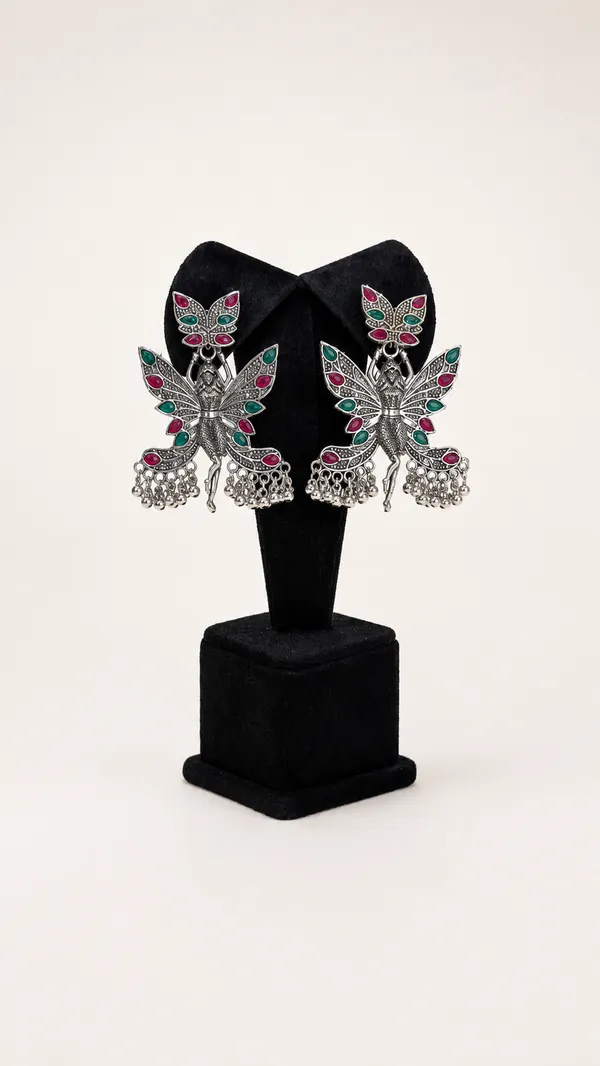 Silver_Oxidized_Peacock_Jhumka_Earrings_With_Pink_And_Green_Stones