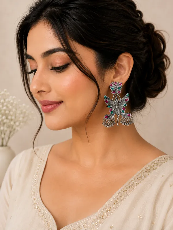 Silver_Oxidized_Peacock_Jhumka_Earrings_With_Pink_And_Green_Stones