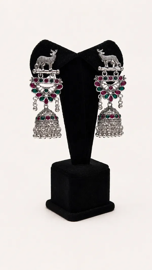 Oxidised_Silver_Deer_Motif_Jhumka_Earrings_With_Multicolor_Stones