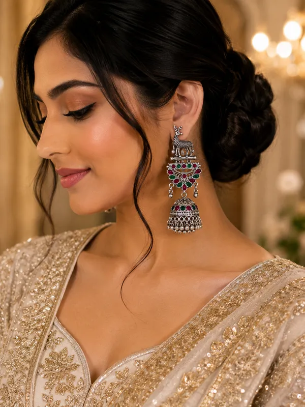 Oxidised_Silver_Deer_Motif_Jhumka_Earrings_With_Multicolor_Stones