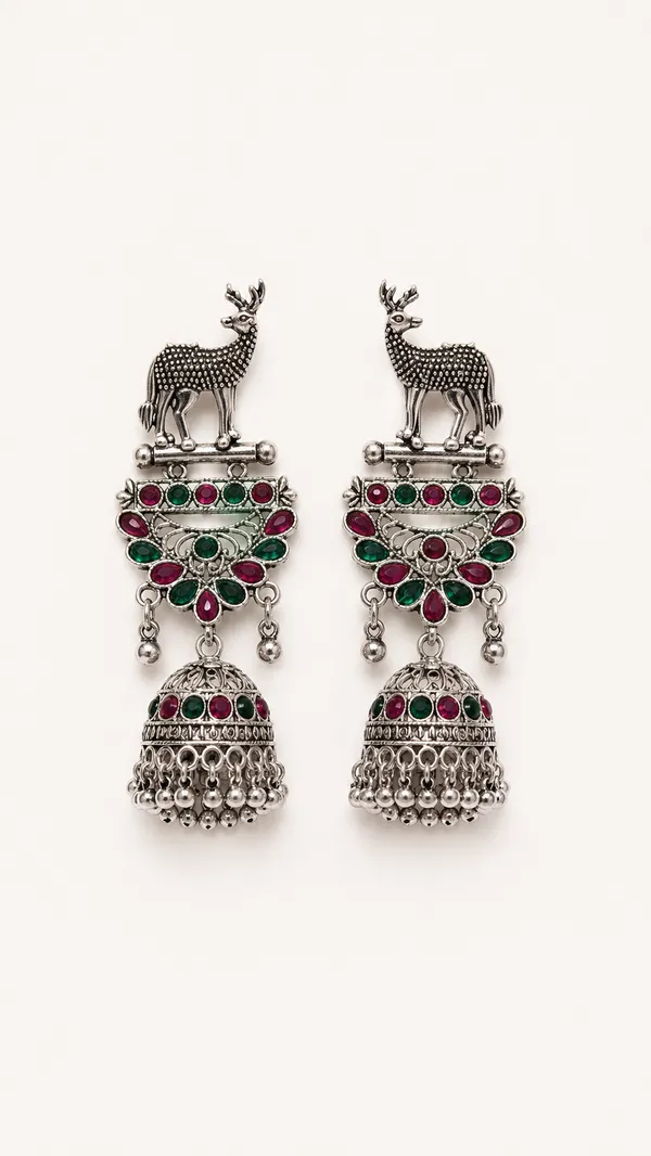 Oxidised_Silver_Deer_Motif_Jhumka_Earrings_With_Multicolor_Stones