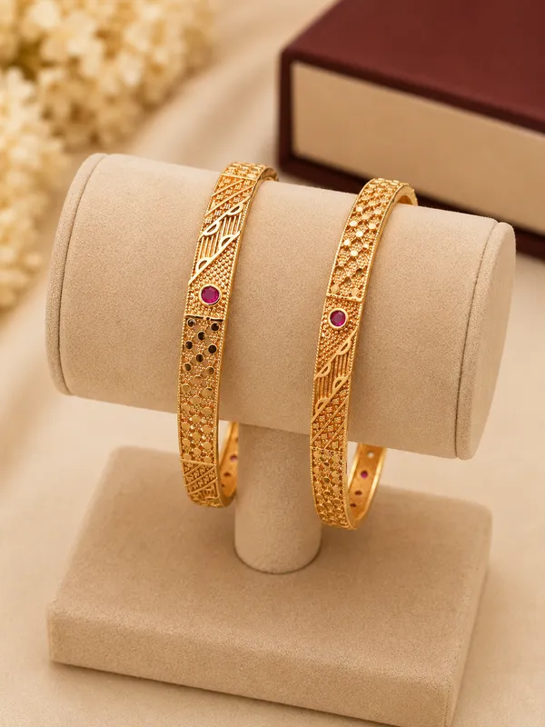 Gold_Plated_Textured_Bangles_With_Ruby_Accents_Set_Of_2
