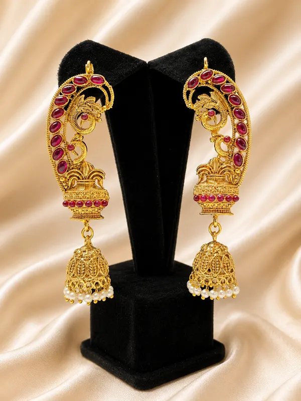Gold_Plated_Ruby_Studded_Peacock_Design_Jhumka_Earrings_For_Women