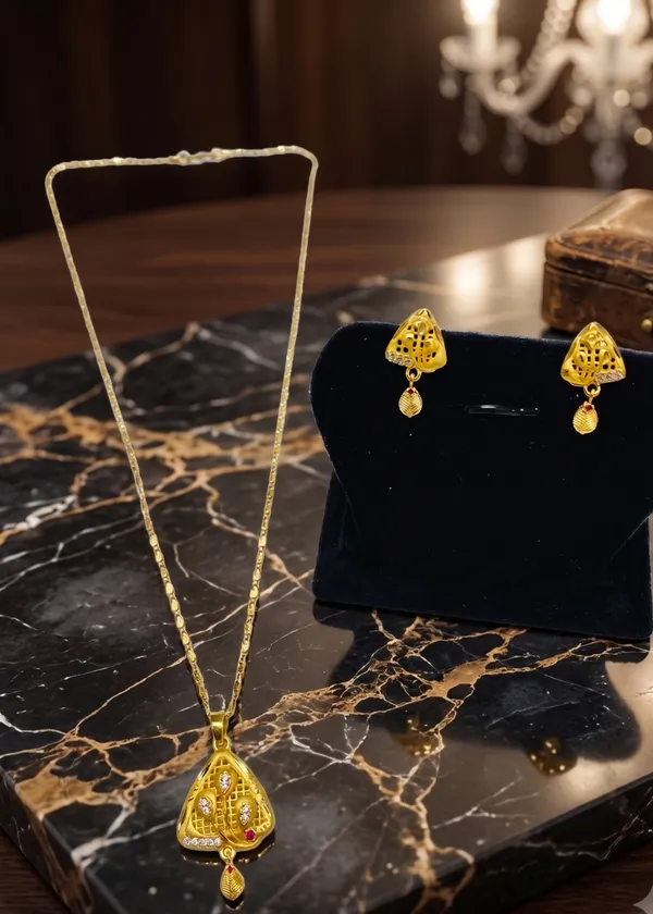 Gold_Plated_Triangular_Pendant_Necklace_Set_With_Earrings