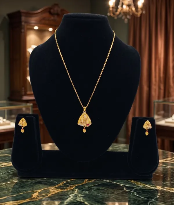 Gold_Plated_Triangular_Pendant_Necklace_Set_With_Earrings