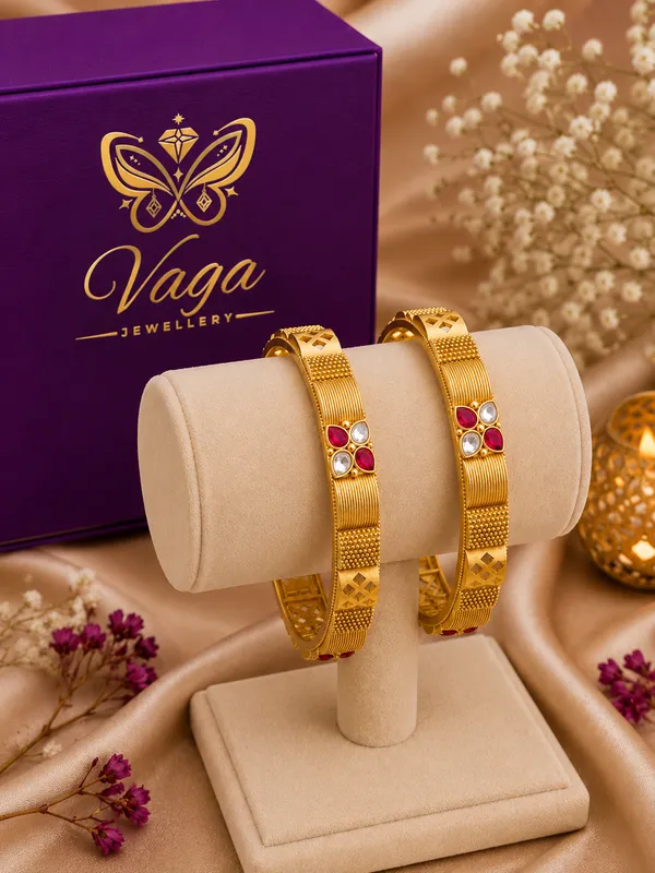 Gold_Plated_Textured_Bangles_With_Ruby_And_Polki_Accents