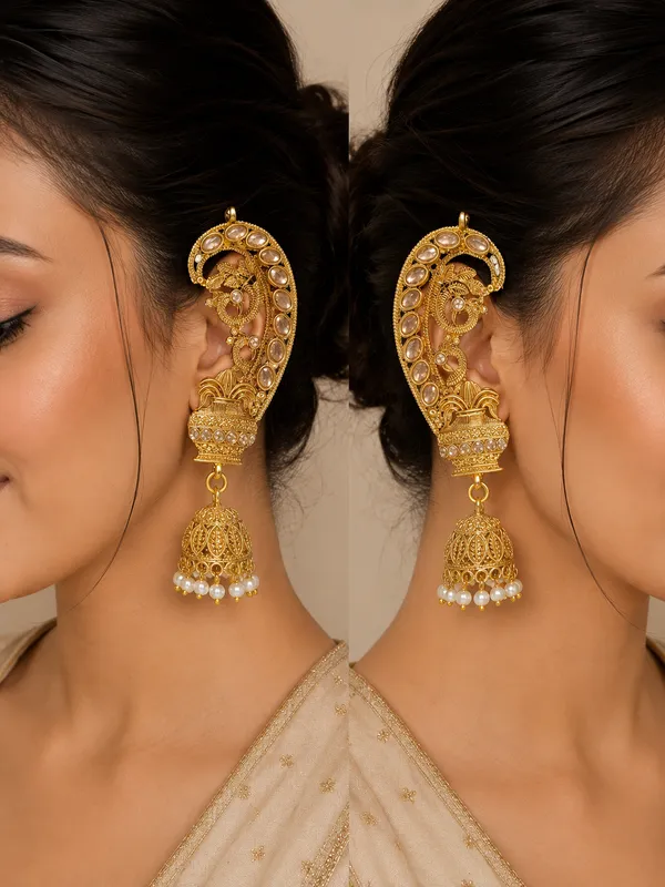 Gold_Plated_Peacock_Jhumka_Earrings_Ear_Cuffs_For_Women