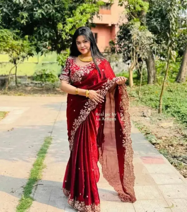Maroon_Embroidered_Silk_Saree_With_Golden_Border_And_Blouse